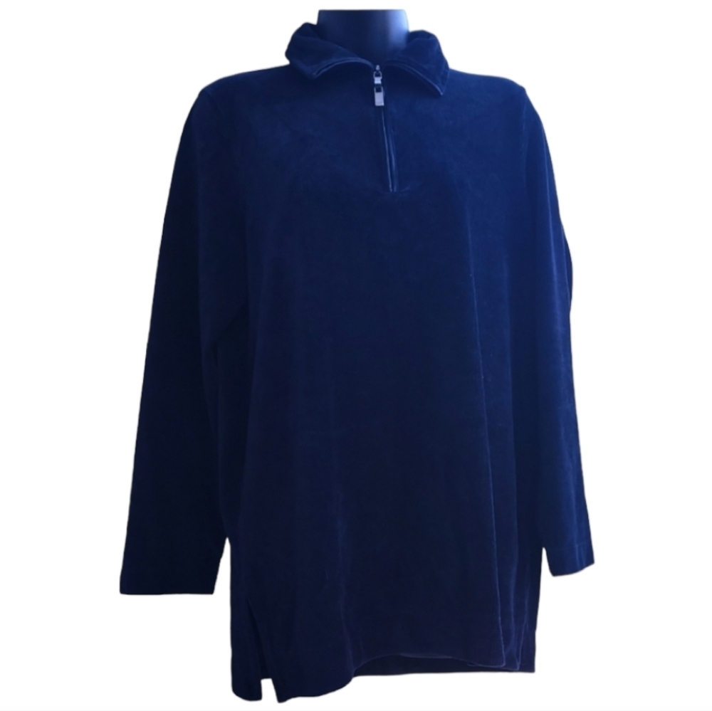 Liz Claiborne Corduroy Velvet Navy Zip Long Sleeve Medium PTP 22"